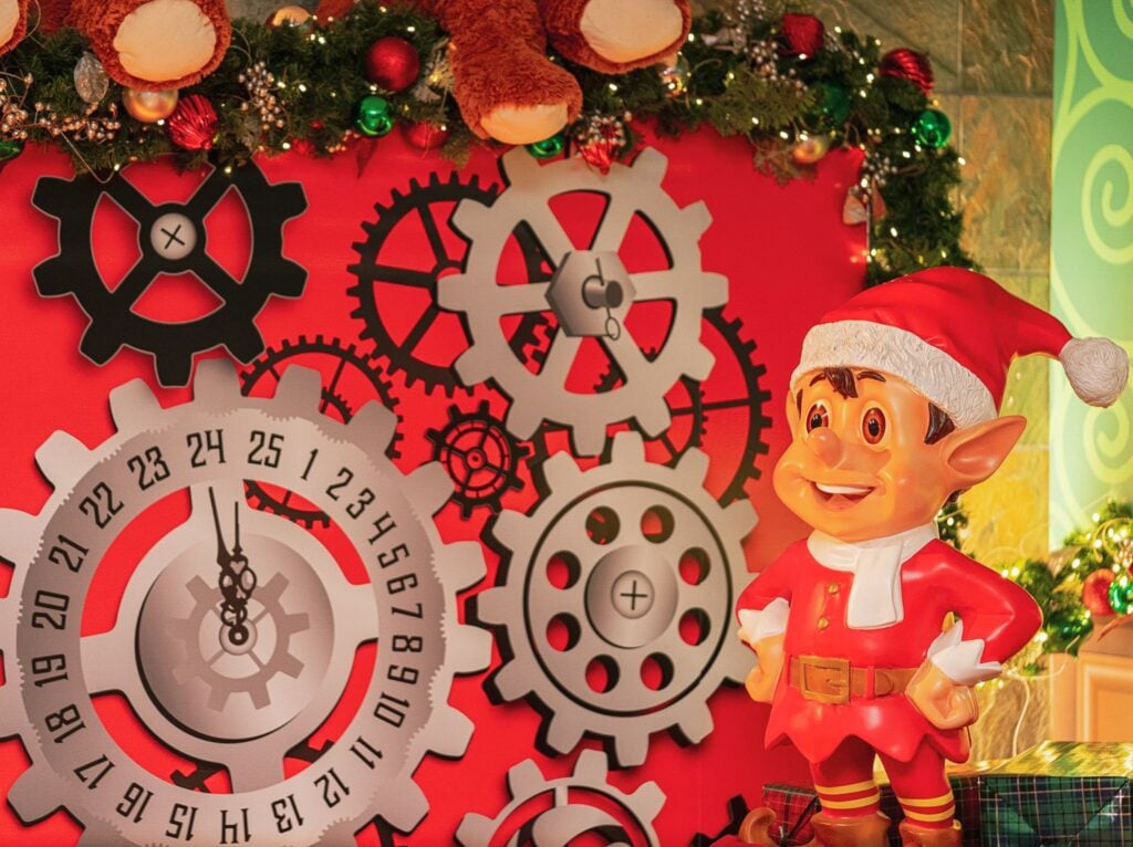 Elf and Christmas countdown clock gears at ChristmasLand
