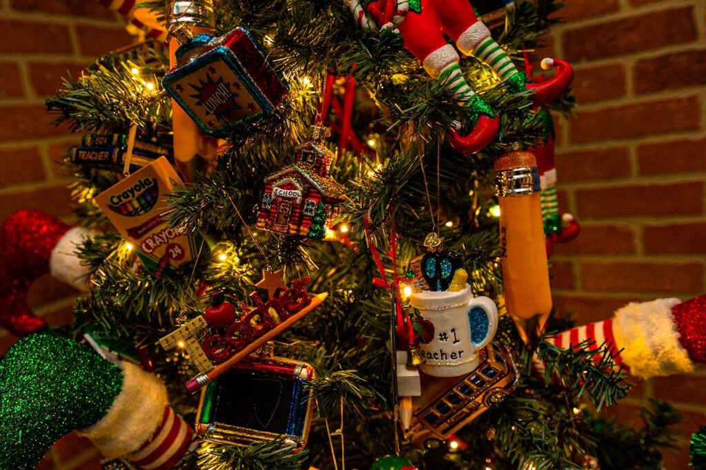 Close-up of a whimsical ornament tree at ChristmasLand