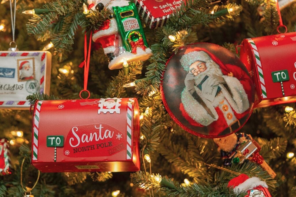 Santa mailbox ornaments on a decorated Christmas tree
